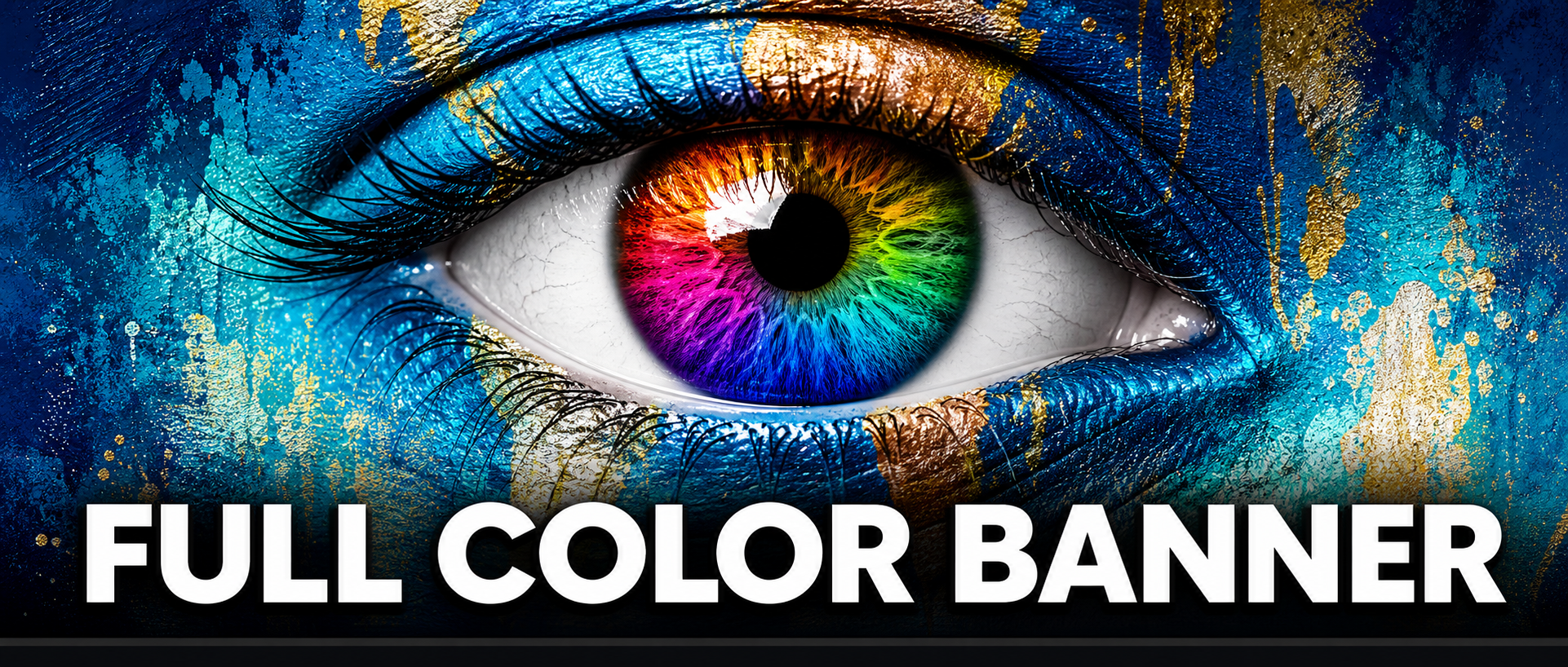 Full color banner promotional graphic with a rainbow iris eye